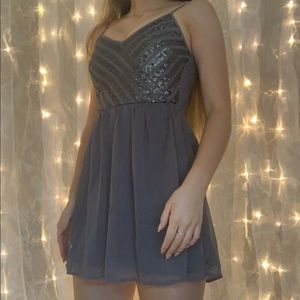 sequined gray silver party dress